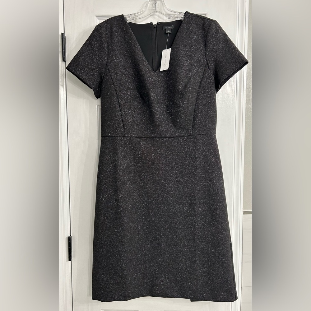Ann Taylor Black Sparkle V-Neck Short Sleeved Lined Sheath Mini Dress